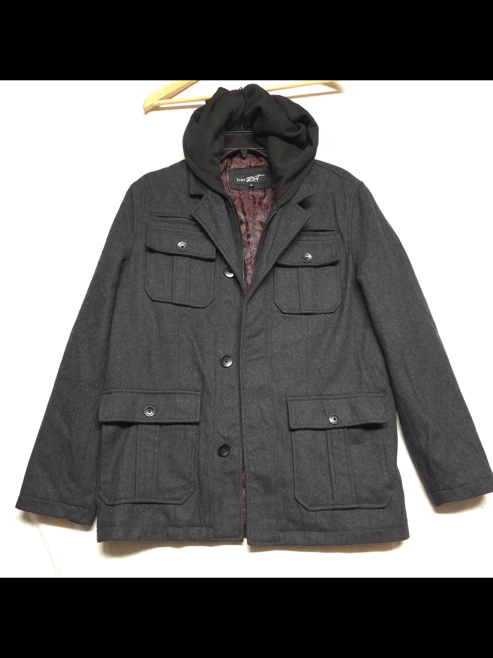 Black Rivet Men's Dark Gray Wool Blend Hooded Military Field Jacket